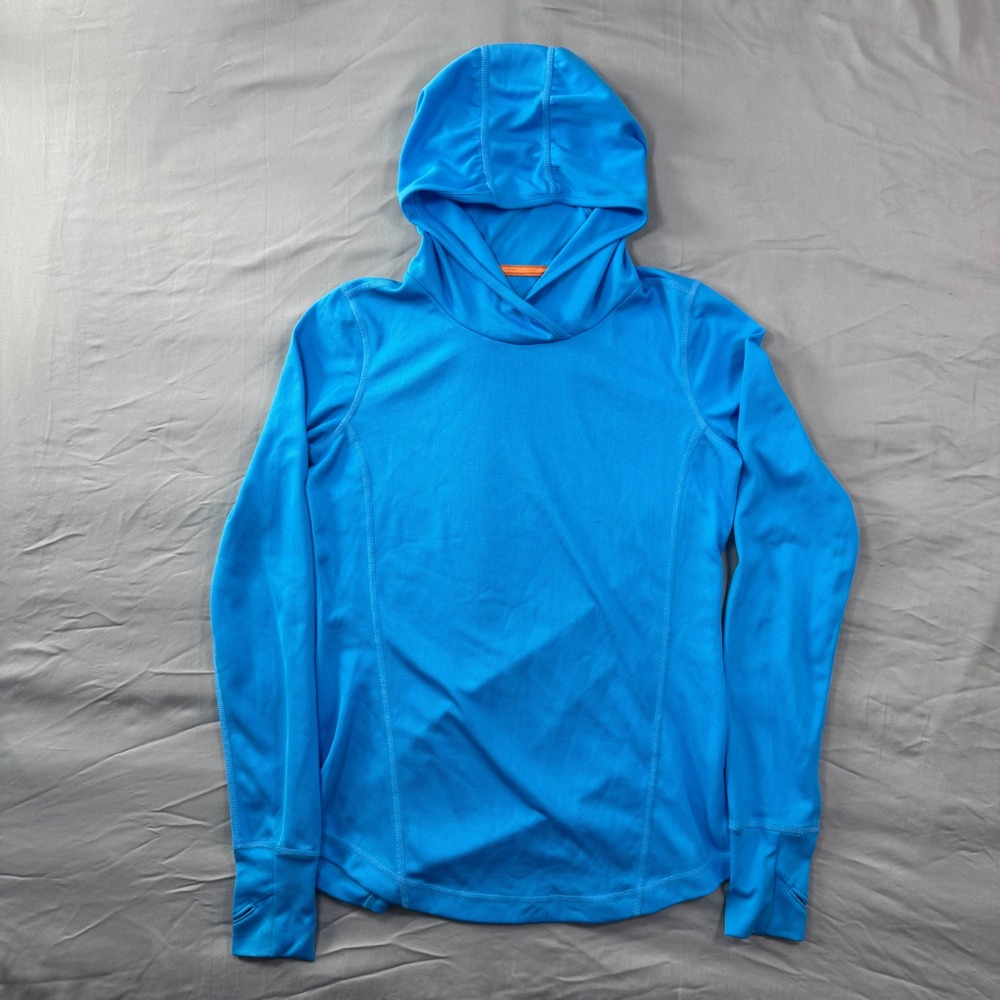 Orvis Trout Bum Womens XS Sun Hoodie Bright Blue Waffle Knit Thumbholes Fishing